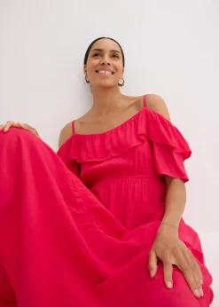 bonprix Bekleidung·Pullover & Strickjacken|Kleider^Kleid mit Volants aus strukturierter Viskose magentapink