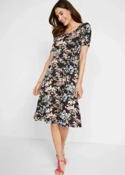 bonprix Nachhaltigere Materialien|Kleider^Knieumspielendes Jerseykleid in A-Linie schwarz floral bedruckt