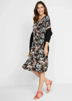 bonprix Nachhaltigere Materialien|Kleider^Knieumspielendes Jerseykleid in A-Linie schwarz floral bedruckt