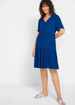 bonprix Kleider|Bekleidung·Pullover & Strickjacken^Knieumspielendes Viskose-Crinkle-Kleid mit Ausschnittdetail arktikblau