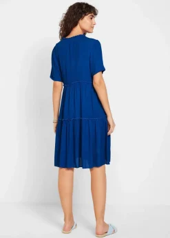 bonprix Kleider|Bekleidung·Pullover & Strickjacken^Knieumspielendes Viskose-Crinkle-Kleid mit Ausschnittdetail arktikblau