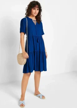 bonprix Kleider|Bekleidung·Pullover & Strickjacken^Knieumspielendes Viskose-Crinkle-Kleid mit Ausschnittdetail arktikblau