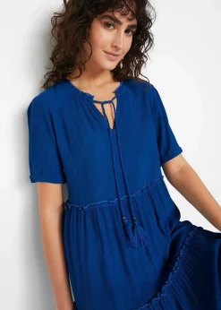 bonprix Kleider|Bekleidung·Pullover & Strickjacken^Knieumspielendes Viskose-Crinkle-Kleid mit Ausschnittdetail arktikblau