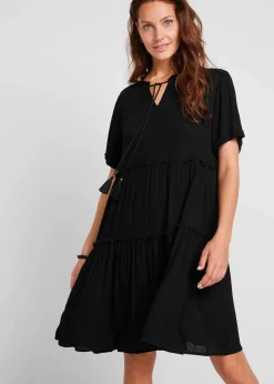 bonprix Bekleidung·Pullover & Strickjacken|Kleider^Knieumspielendes Viskose-Crinkle-Kleid mit Ausschnittdetail schwarz