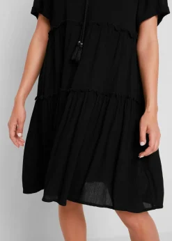bonprix Bekleidung·Pullover & Strickjacken|Kleider^Knieumspielendes Viskose-Crinkle-Kleid mit Ausschnittdetail schwarz