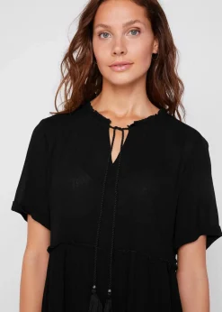 bonprix Bekleidung·Pullover & Strickjacken|Kleider^Knieumspielendes Viskose-Crinkle-Kleid mit Ausschnittdetail schwarz