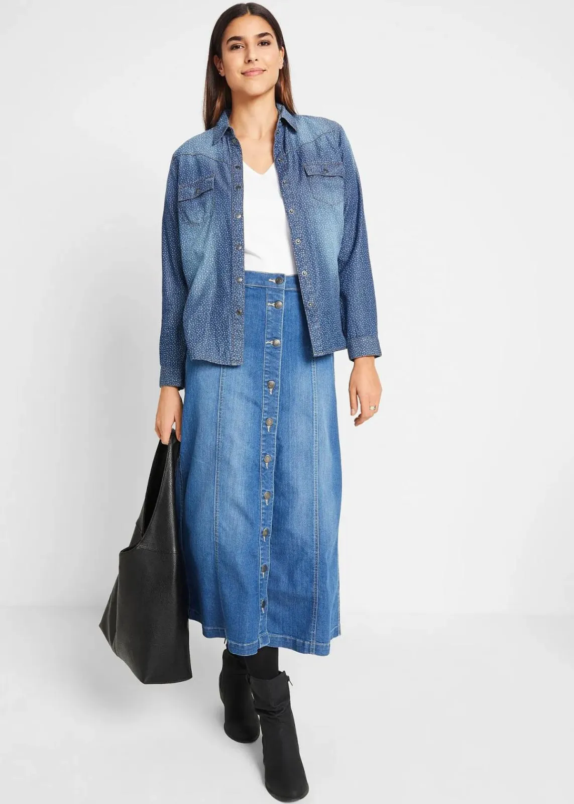 bonprix Bekleidung·Sportbekleidung|Röcke^Komfort-Stretch-Jeansrock, Midi-Länge blau used