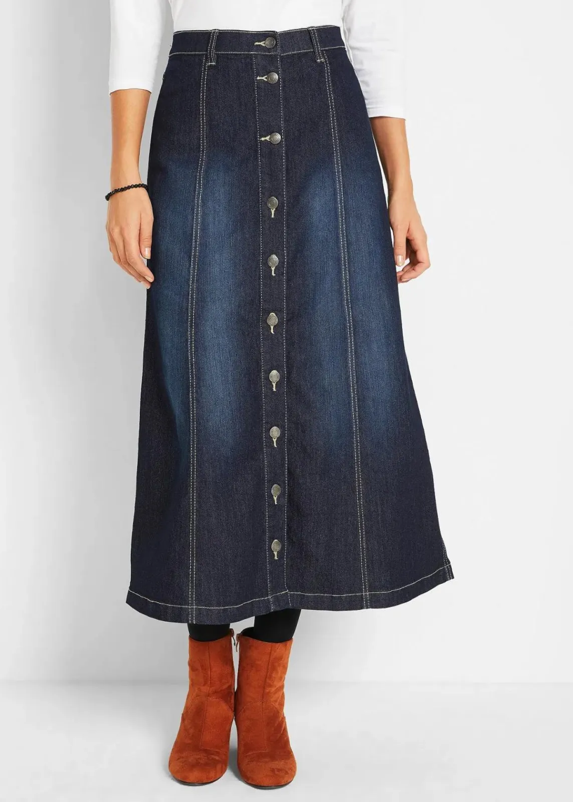 bonprix Röcke|Bekleidung·Sportbekleidung^Komfort-Stretch-Jeansrock, Midi-Länge dunkelblau used