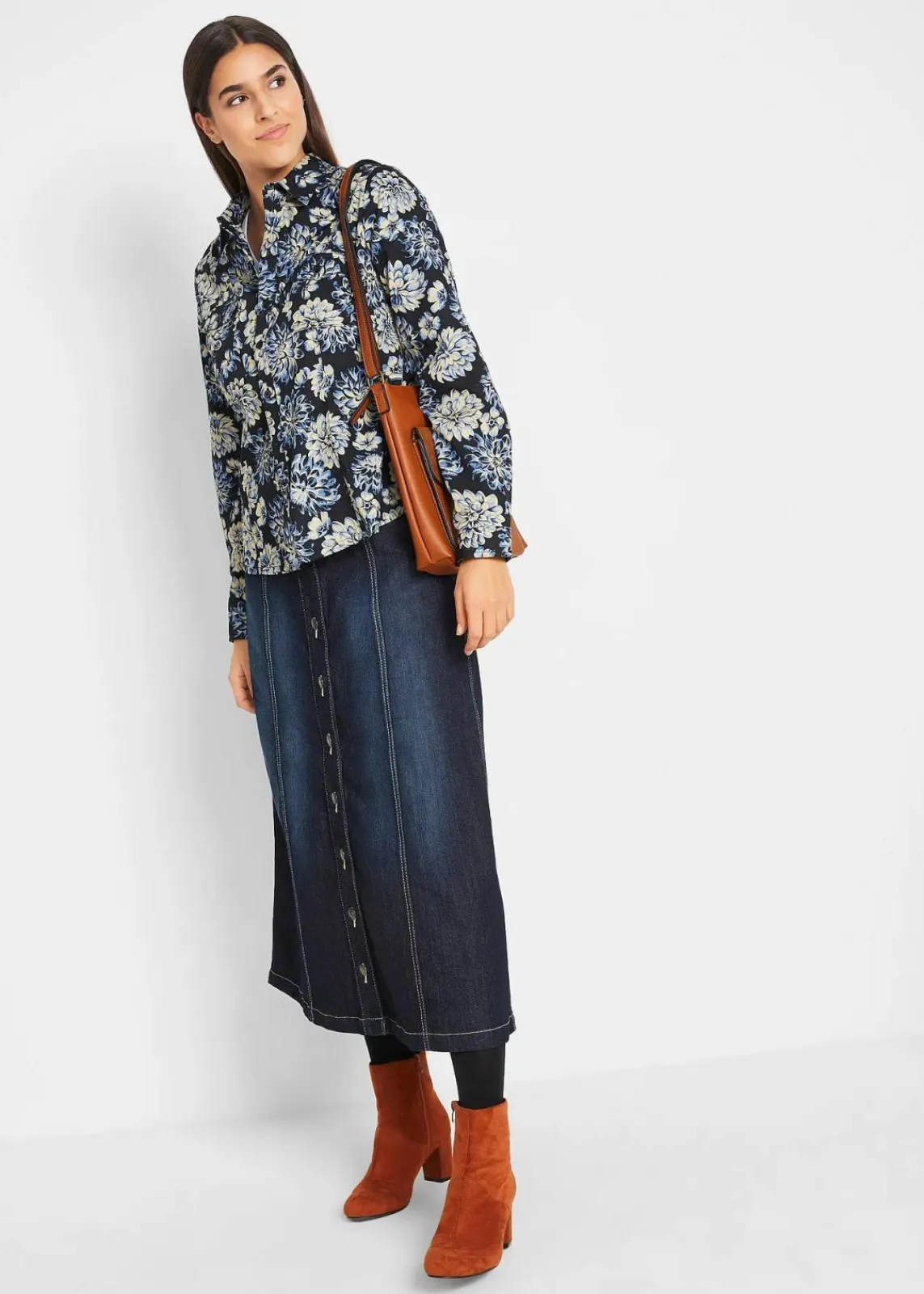 bonprix Röcke|Bekleidung·Sportbekleidung^Komfort-Stretch-Jeansrock, Midi-Länge dunkelblau used