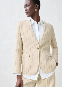 bonprix Bekleidung·Basics|Premium^Kragenlose Blazerjacke aus reinem Leinen hellsand gestreift
