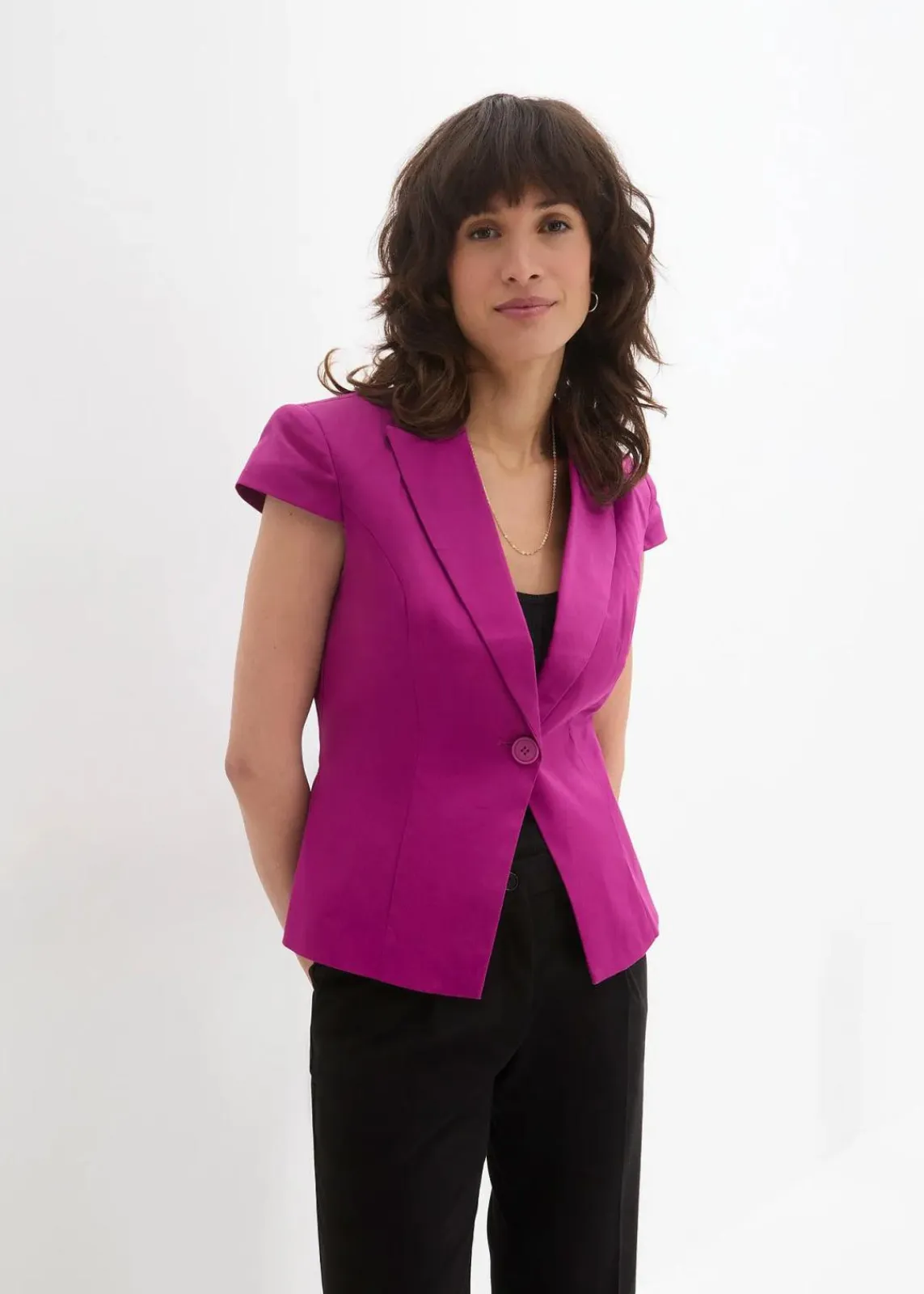 bonprix Blazer|Bekleidung·Basics^Kurzarm Blazer aus Baumwollsatin violettorchidee
