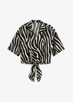 bonprix Bekleidung·Jacken & Mäntel|Blusen & Tuniken^Kurzarmbluse aus fließender Viskose schwarz/natur geringelt