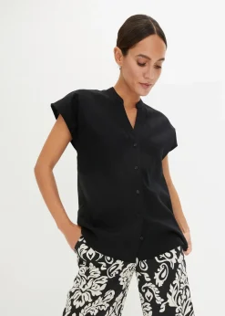 bonprix Bekleidung·Jacken & Mäntel|Blusen & Tuniken^Kurzarmbluse aus luftigem Leinen-Mix schwarz