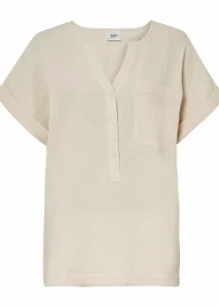 bonprix Blusen & Tuniken|Bekleidung·Jacken & Mäntel^Kurzarmbluse aus Musselin kieselbeige