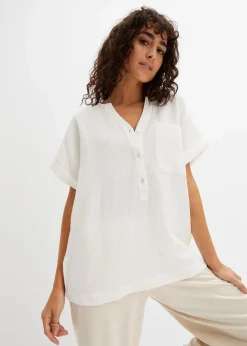 bonprix Blusen & Tuniken|Bekleidung·Jacken & Mäntel^Kurzarmbluse aus Musselin wollweiß
