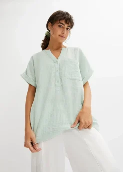 bonprix Blusen & Tuniken|Bekleidung·Jacken & Mäntel^Kurzarmbluse aus Musselin hellschilf