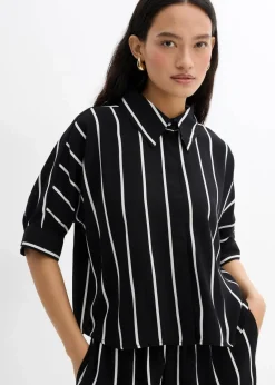 bonprix Bekleidung·Jacken & Mäntel|Blusen & Tuniken^Kurzarmbluse aus strukturiertem Crêpe schwarz/wollweiß gestreift