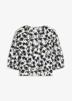 bonprix Blusen & Tuniken^Kurzarmbluse aus strukturiertem Material wollweiß/schwarz bedruckt