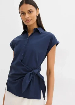 bonprix Bekleidung·Jacken & Mäntel|Blusen & Tuniken^Kurzarmbluse mit Bindedetail dunkelblau