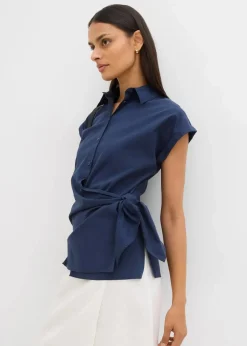 bonprix Bekleidung·Jacken & Mäntel|Blusen & Tuniken^Kurzarmbluse mit Bindedetail dunkelblau