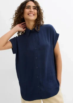 bonprix Nachhaltigere Materialien|Blusen & Tuniken^Kurzarmbluse mit recyceltem Polyester dunkelblau