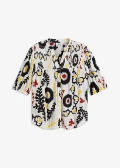 bonprix Bekleidung·Jacken & Mäntel|Blusen & Tuniken^Kurzarmbluse mit Smockdetail aus strukturierter Viskose wollweiß bedruckt