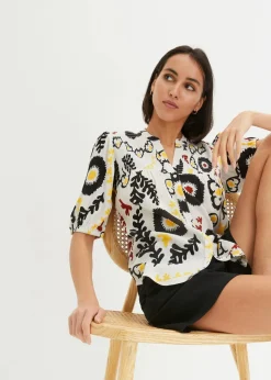 bonprix Bekleidung·Jacken & Mäntel|Blusen & Tuniken^Kurzarmbluse mit Smockdetail aus strukturierter Viskose wollweiß bedruckt