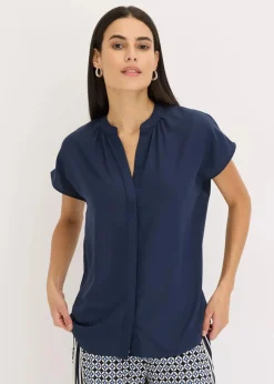 bonprix Blusen & Tuniken|Bekleidung·Jacken & Mäntel^Kurzarmbluse mit verdeckter Knopfleiste dunkelblau