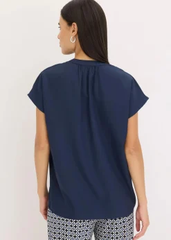 bonprix Blusen & Tuniken|Bekleidung·Jacken & Mäntel^Kurzarmbluse mit verdeckter Knopfleiste dunkelblau