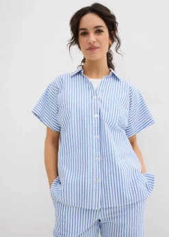bonprix Bekleidung·Jacken & Mäntel|Blusen & Tuniken^Kurzarmhemd aus Seersucker gletscherblau/wollweiß