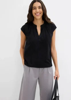 bonprix Shirts & Tops|Nachhaltigere Materialien^Kurzarmshirt mit Henley-Ausschnitt aus Viskosemix schwarz