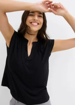 bonprix Shirts & Tops|Nachhaltigere Materialien^Kurzarmshirt mit Henley-Ausschnitt aus Viskosemix schwarz
