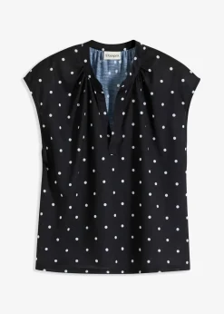 bonprix Nachhaltigere Materialien|Shirts & Tops^Kurzarmshirt mit Henley-Ausschnitt aus Viskosemix schwarz/weiß gepunktet