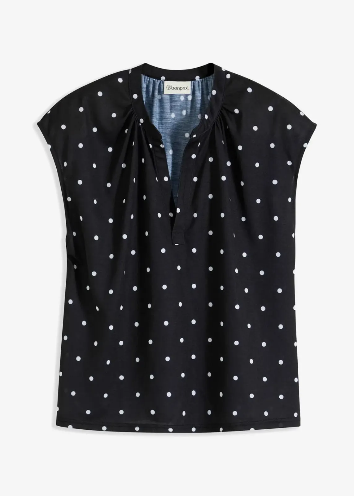 bonprix Nachhaltigere Materialien|Shirts & Tops^Kurzarmshirt mit Henley-Ausschnitt aus Viskosemix schwarz/weiß gepunktet