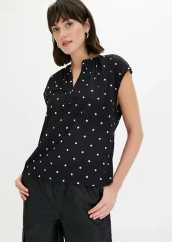 bonprix Nachhaltigere Materialien|Shirts & Tops^Kurzarmshirt mit Henley-Ausschnitt aus Viskosemix schwarz/weiß gepunktet