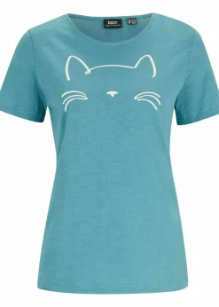 bonprix Shirts & Tops|Nachhaltigere Materialien^Kurzarmshirt mit Katzen-Druck mattkobalttürkis/weiß