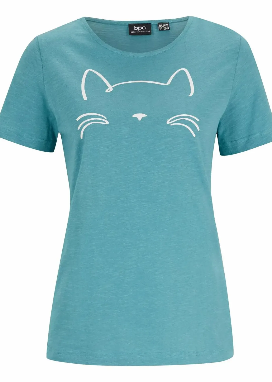 bonprix Shirts & Tops|Nachhaltigere Materialien^Kurzarmshirt mit Katzen-Druck mattkobalttürkis/weiß