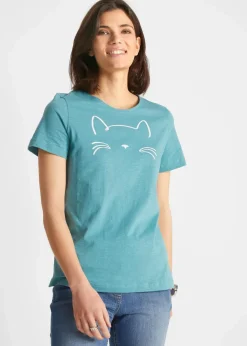 bonprix Shirts & Tops|Nachhaltigere Materialien^Kurzarmshirt mit Katzen-Druck mattkobalttürkis/weiß