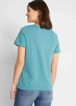 bonprix Shirts & Tops|Nachhaltigere Materialien^Kurzarmshirt mit Katzen-Druck mattkobalttürkis/weiß