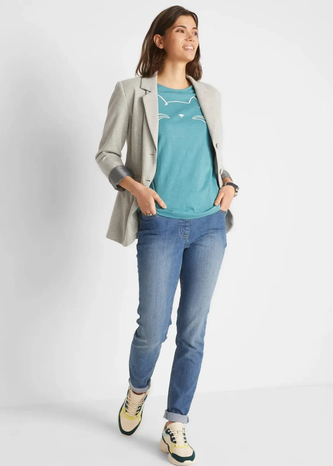 bonprix Shirts & Tops|Nachhaltigere Materialien^Kurzarmshirt mit Katzen-Druck mattkobalttürkis/weiß