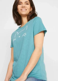 bonprix Shirts & Tops|Nachhaltigere Materialien^Kurzarmshirt mit Katzen-Druck mattkobalttürkis/weiß