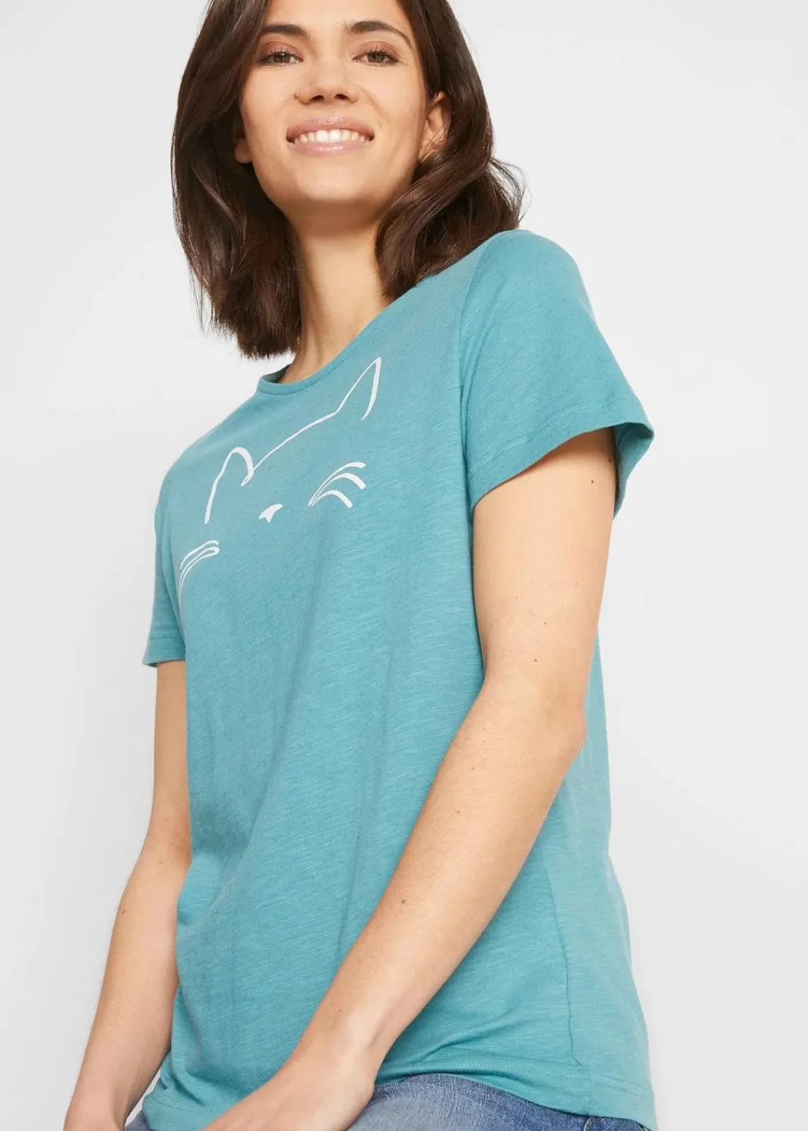 bonprix Shirts & Tops|Nachhaltigere Materialien^Kurzarmshirt mit Katzen-Druck mattkobalttürkis/weiß