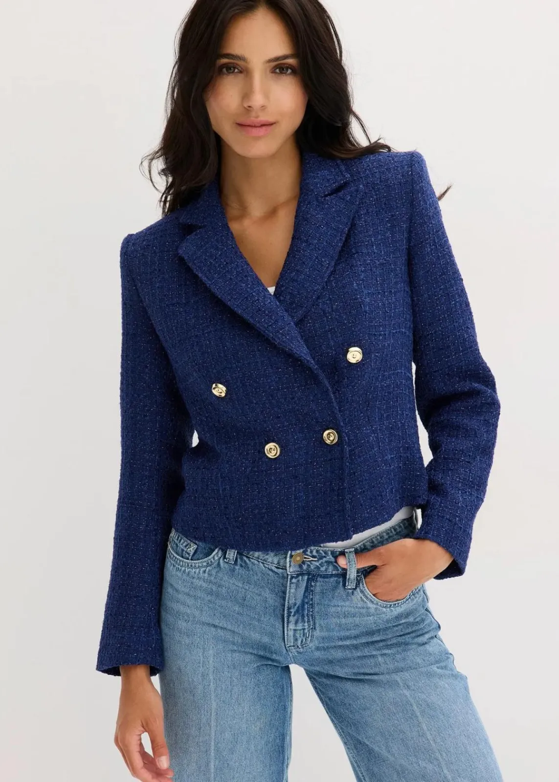 bonprix Blazer|Bekleidung·Basics^Kurzblazer aus softem Bouclé mitternachtsblau meliert