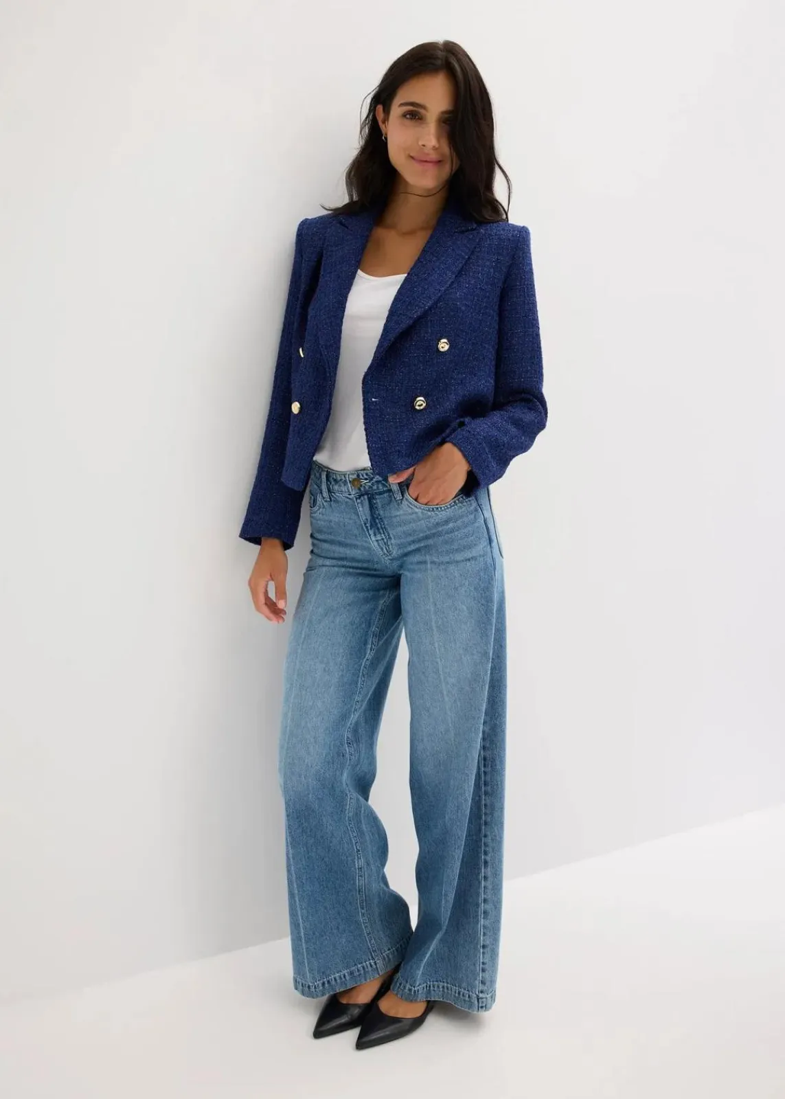 bonprix Blazer|Bekleidung·Basics^Kurzblazer aus softem Bouclé mitternachtsblau meliert