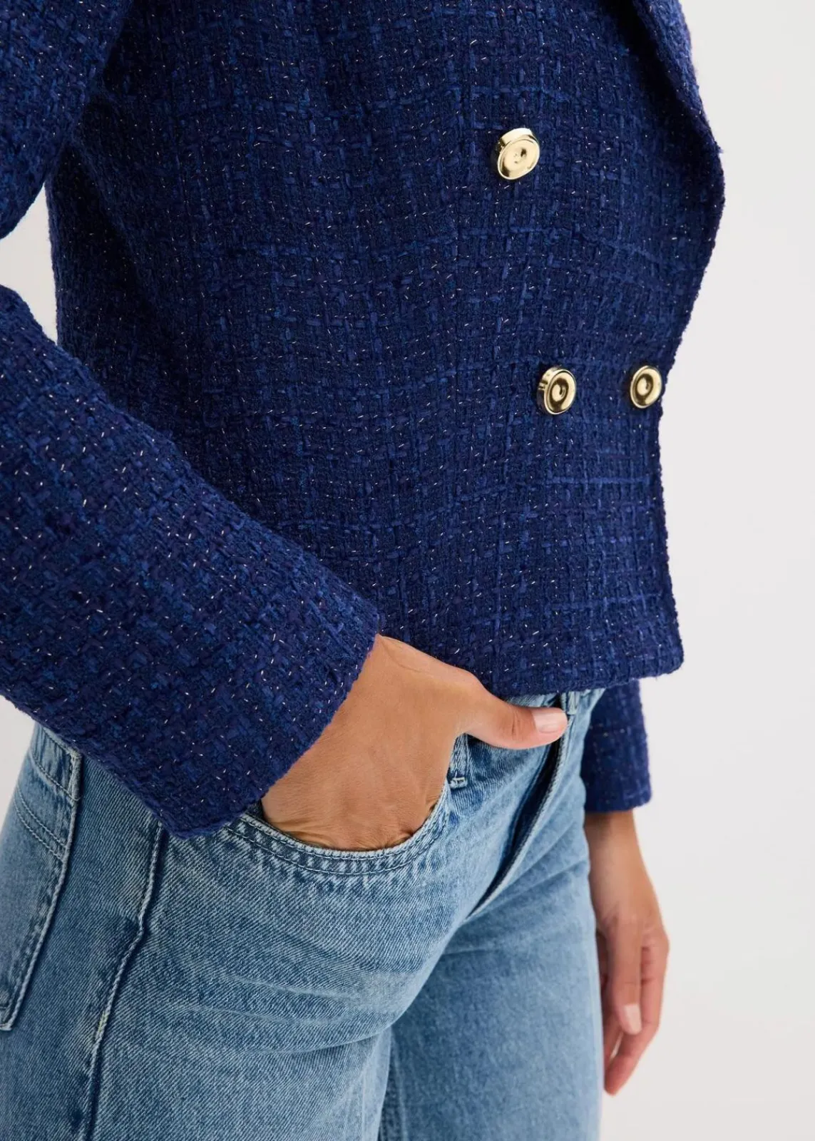 bonprix Blazer|Bekleidung·Basics^Kurzblazer aus softem Bouclé mitternachtsblau meliert