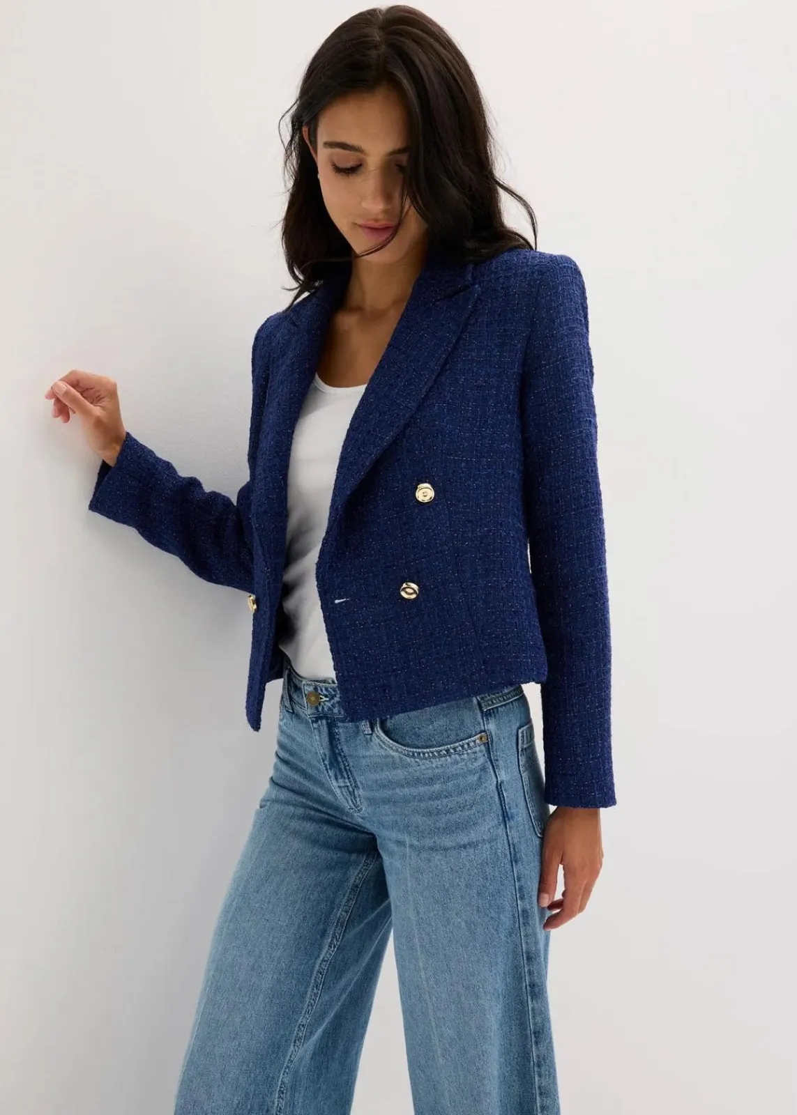 bonprix Blazer|Bekleidung·Basics^Kurzblazer aus softem Bouclé mitternachtsblau meliert