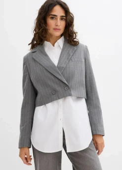 bonprix Bekleidung·Basics|Nachhaltigere Materialien^Kurzblazer mit Reverskragen rauchgrau/schiefergrau gestreift