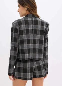 bonprix Bekleidung·Basics|Blazer^Kurzblazer mit Schmuck-Knopf grau kariert