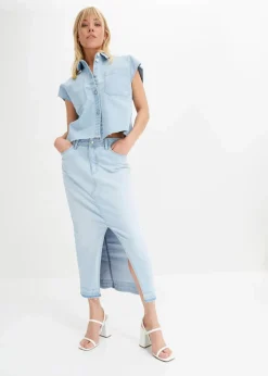 bonprix Bekleidung·Jacken & Mäntel|Blusen & Tuniken^Kurze Boxy-Jeansbluse eisblau denim used