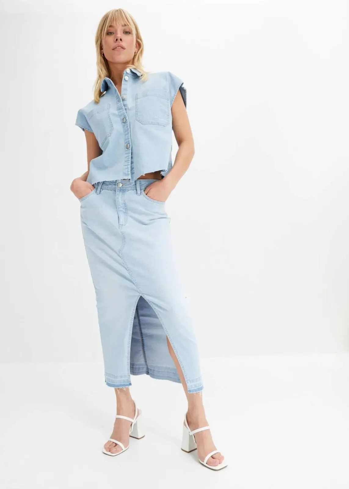 bonprix Bekleidung·Jacken & Mäntel|Blusen & Tuniken^Kurze Boxy-Jeansbluse eisblau denim used